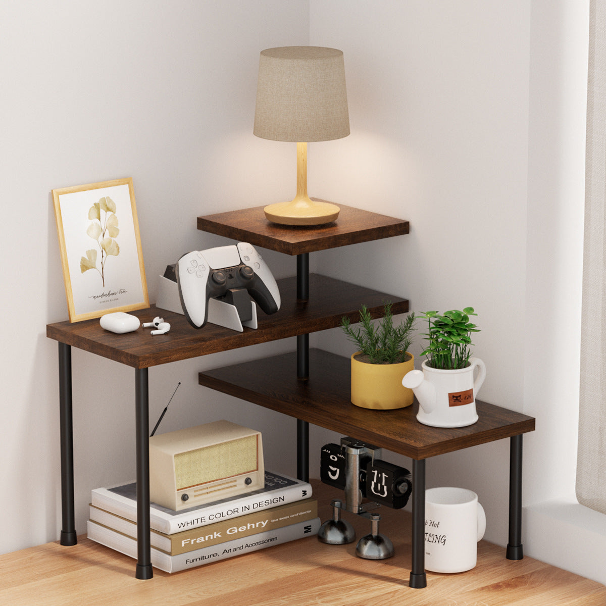 Wooden multi-layer kitchen spice storage rack by CJ with multiple shelves for organizing spices and kitchen essentials.