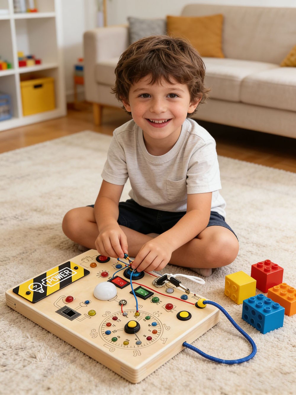 CJ Montessori wooden busy board for toddlers, sensory activity and fidget toy with colorful interactive elements for early development.