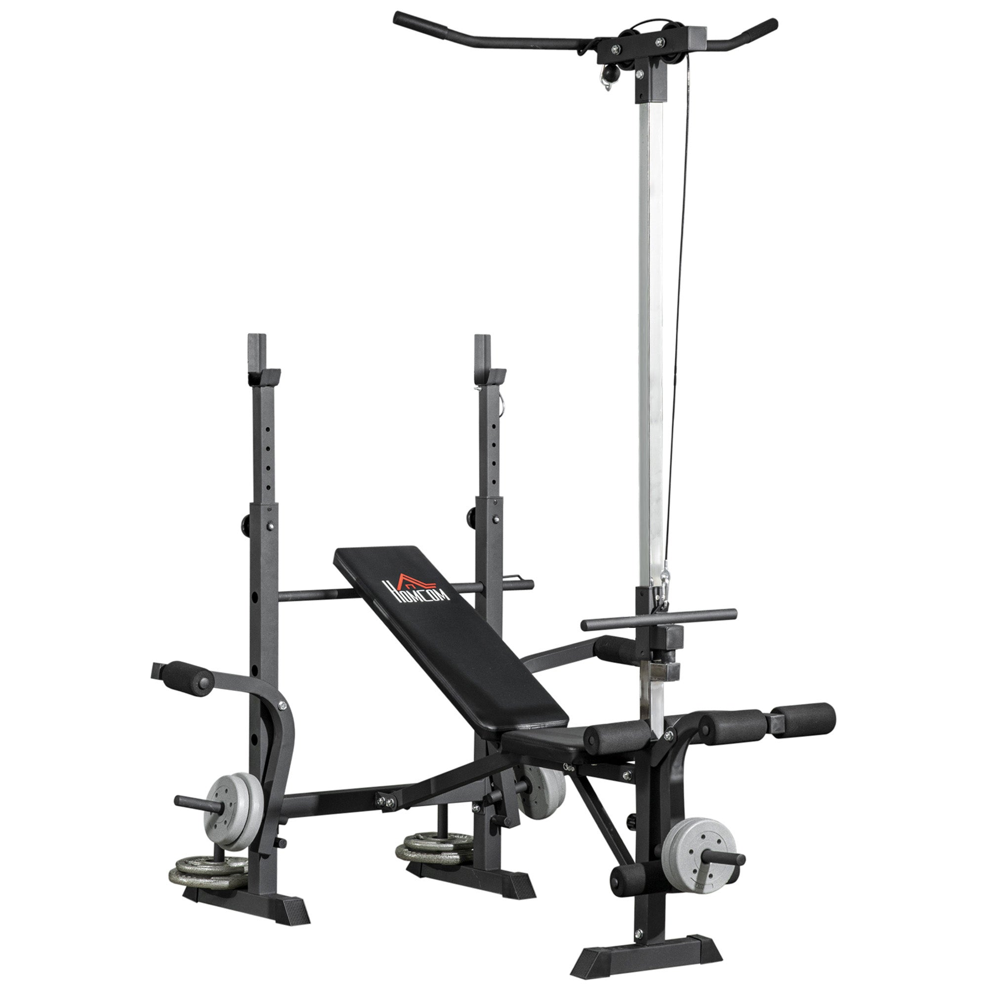 CJ adjustable weight bench with pulley system, incline press, squat rack, leg developer, butterfly, and weight storage for home gym.