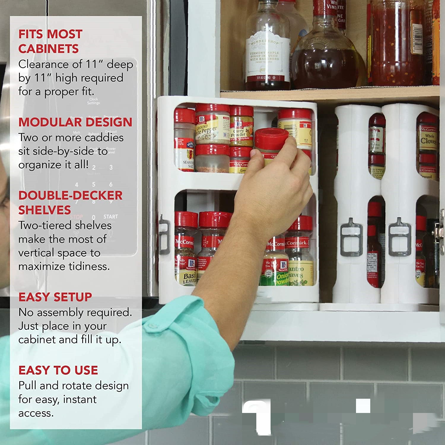 CJ kitchen double tier spice rack with rotating design, holding seasoning bottles on a compact, multifunctional cabinet shelf.