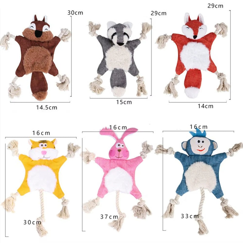 CJ stuffed dog and cat squeaky toys featuring plush fox and squirrel designs for chewing and playful pet fun.