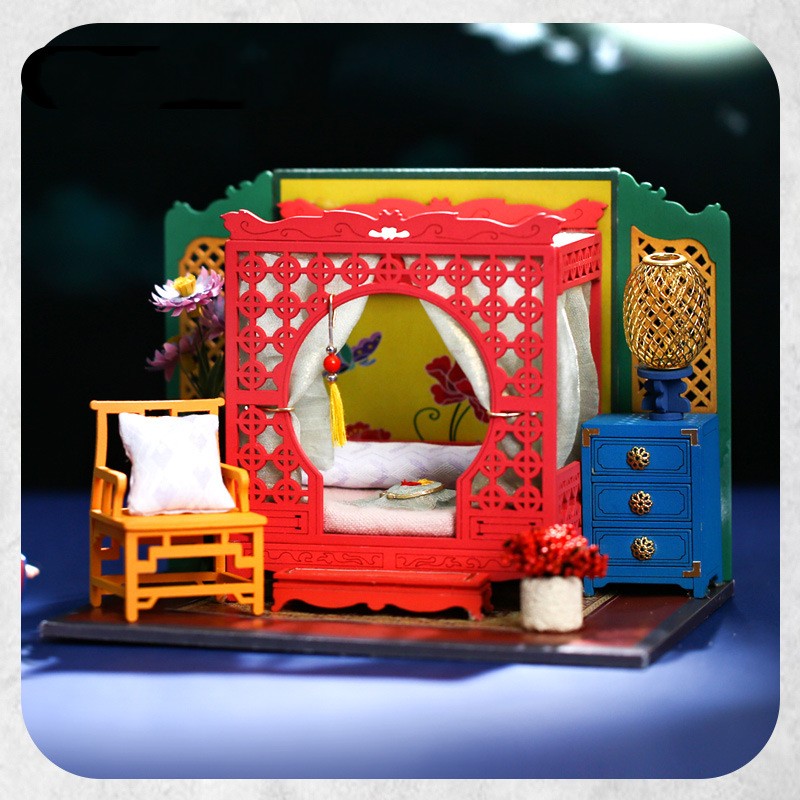 Handmade DIY retro cottage model from CJ's blind box architectural toy collection, showcasing detailed miniature architecture.