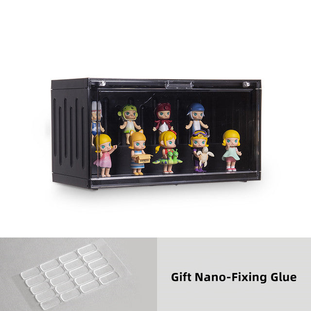 CJ Mart blind box figures display case showcasing collectible garage kits and showpieces in a sleek, organized manner.