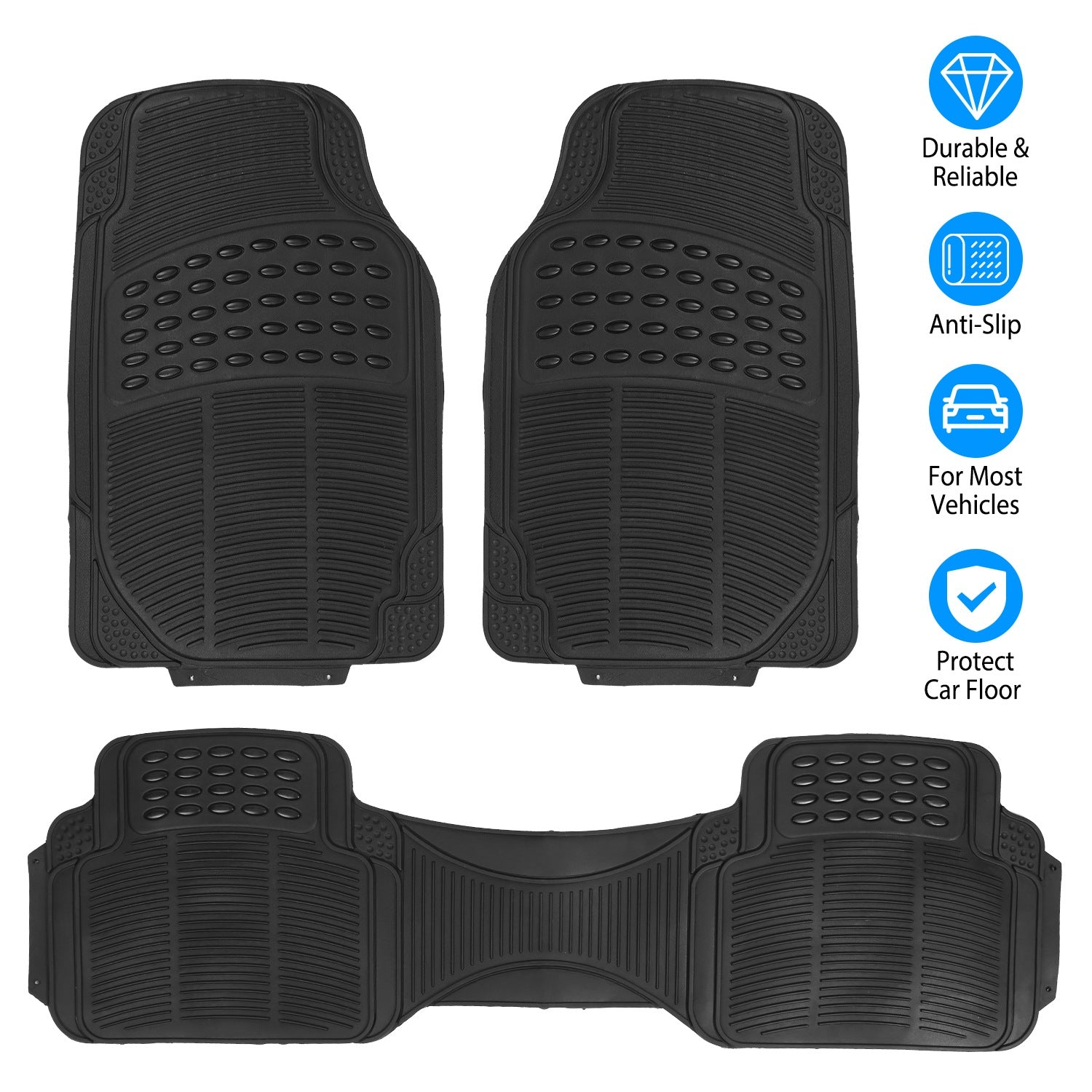 Set of three PVC rubber automotive floor mats for front and rear, heavy-duty, trimmable design, fits most cars, SUVs, and trucks.