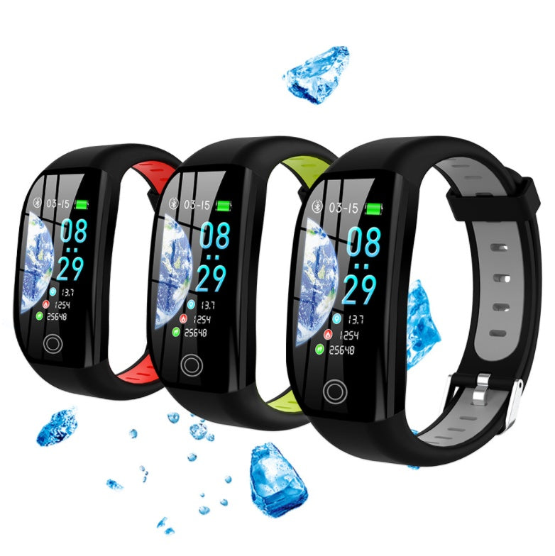 CJ smart sports bracelet shown on wrist with digital display, fitness tracking features, and sleek black design.