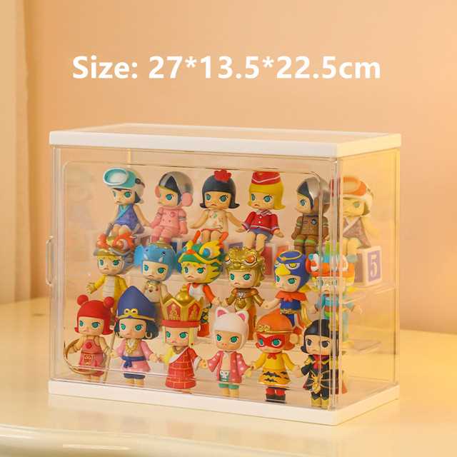 Acrylic blind box showcase display case with garage kit figures, featuring clear panels and a modern design by CJ.