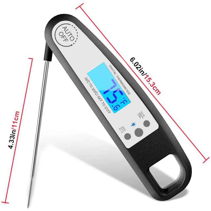 CJ brand cooking baked goods meat thermometer displaying temperature in a close-up view.