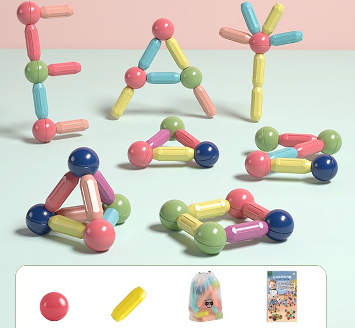 Colorful magnetic rod children's building blocks toys by CJ assembled into various fun shapes and structures.