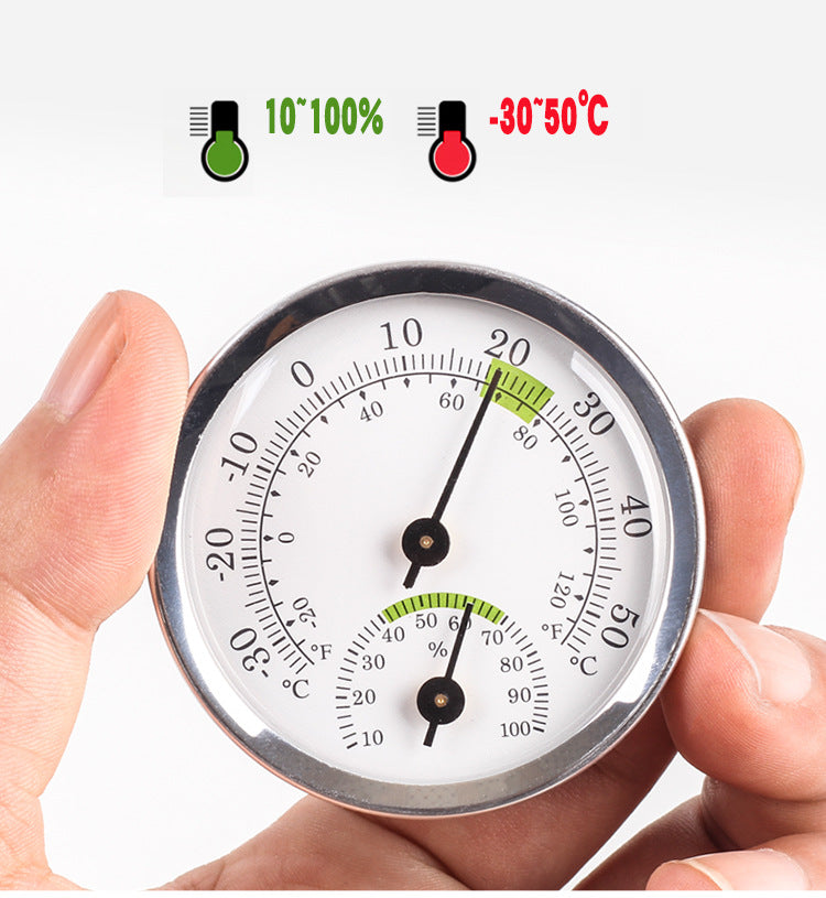 CJ household mini indoor thermometer displaying dry and wet temperature readings in a compact design.