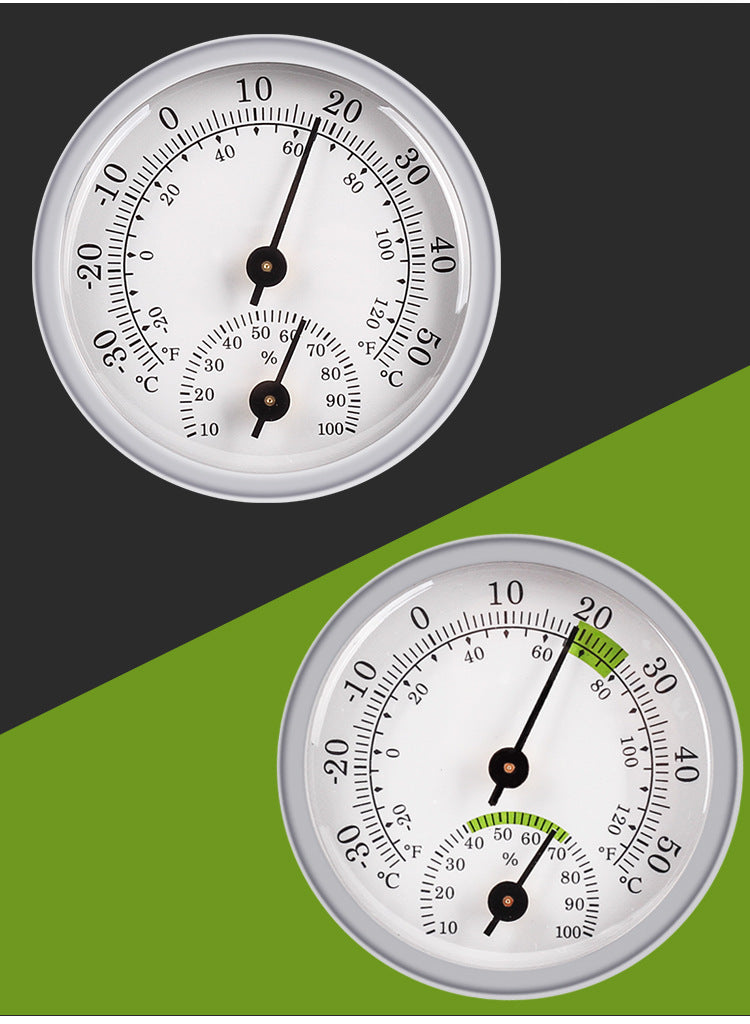 CJ household mini indoor thermometer showing dry and wet temperature readings in a compact design