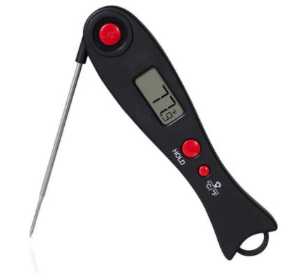 Digital backlight food and grill thermometer by CJ with a sleek probe and easy-to-read display for precise temperature measurement