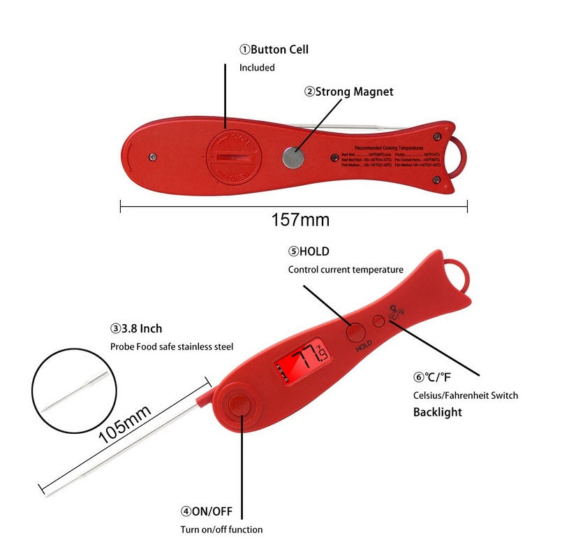 CJ digital backlight kitchen probe thermometer with food and grill temperature measurement, featuring a precise and easy-to-read display.