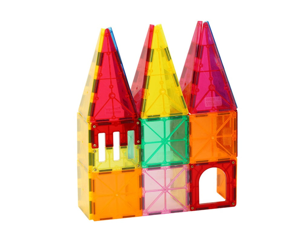 Colorful magnetic puzzle building block toys by CJ, featuring various interlocking shapes for creative play and construction.