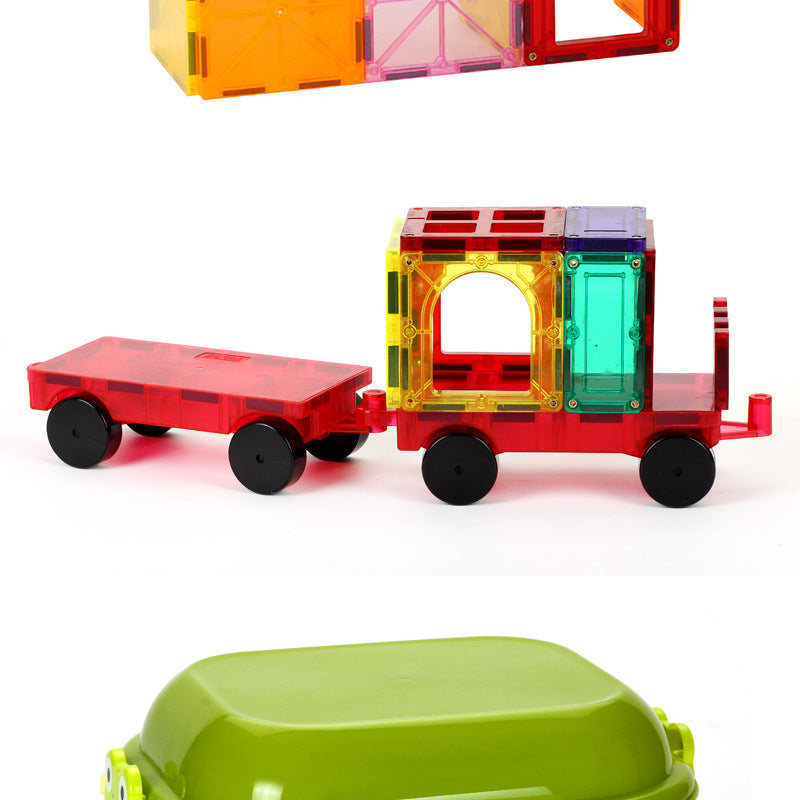 Colorful magnetic puzzle building block toys by CJ, showcasing various geometric shapes assembled into creative structures.