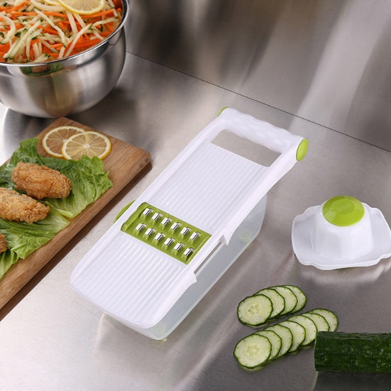 CJ multi-function chopper with stainless steel blades and ergonomic handle for efficient food prep.