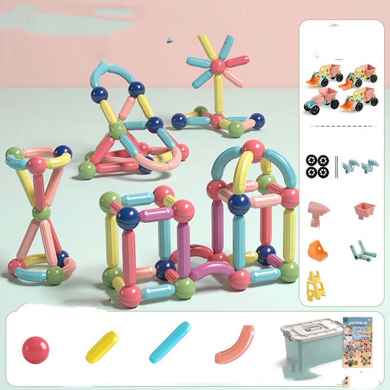 Colorful magnetic rod and building block toys for children by cj, featuring assembled magnetic construction pieces.