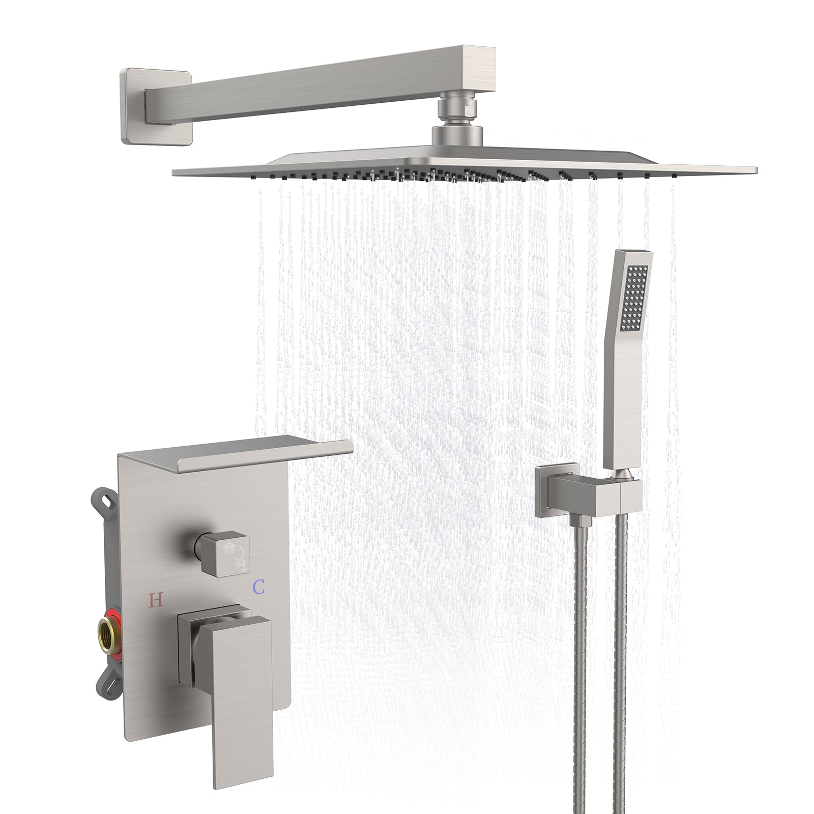 CJ rainwater shower system with storage rack, featuring a modern design, shown installed in a contemporary bathroom setting.