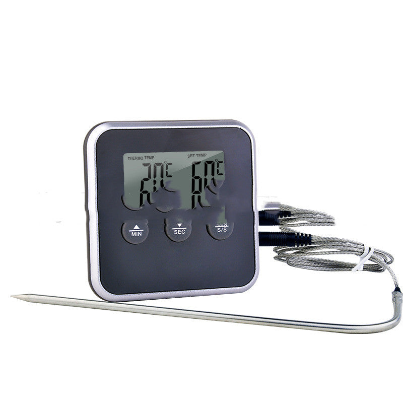 CJ BBQ Meat Kitchen Baking Probe Thermometer showing stainless steel probe inserted into cooked meat for accurate temperature measurement.