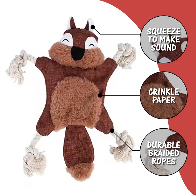 CJ plush dog toys featuring squeaky animal shapes like fox and squirrel for chewing and playing with pets.