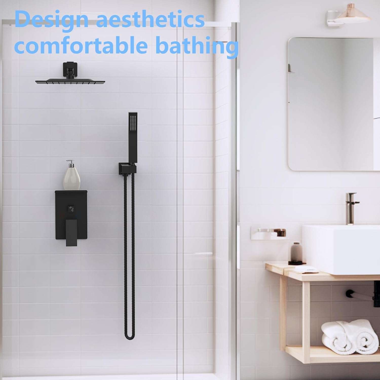 CJ rainwater shower system with storage rack, featuring a sleek shower head and integrated storage shelf for bathroom use.
