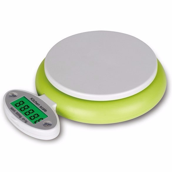 CJ 5kg digital kitchen scale with LCD display, precise 1g measurement for food, diet, postal, and weight tracking.