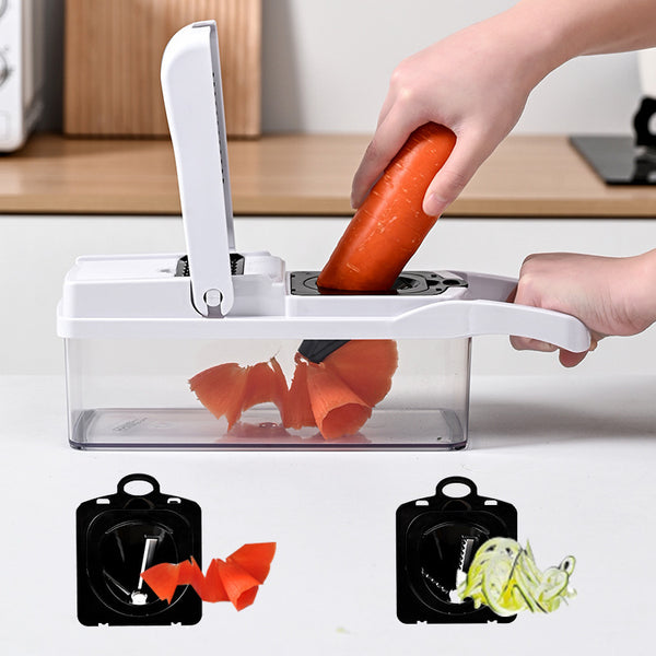 CJ multi-function vegetable chopper with stainless steel blades and plastic handle, shown on a kitchen countertop.
