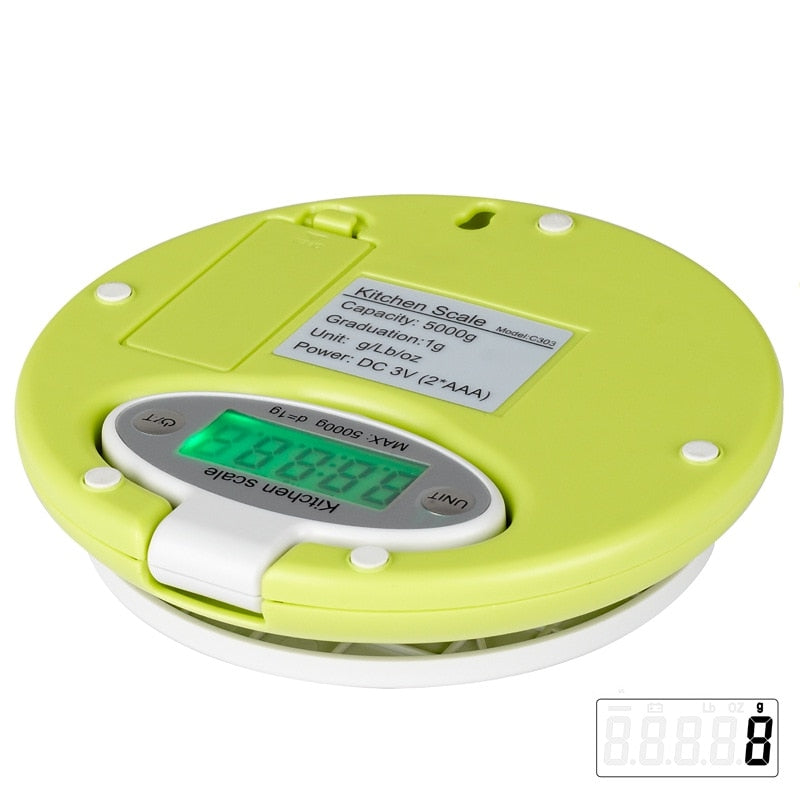 CJ Practical 5kg digital kitchen scale with LCD display, precise 1g measurement for food, diet, and postal weighing.