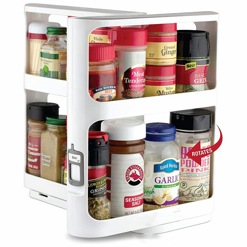 CJ double tier kitchen spice rack with rotating design, featuring multiple shelves for seasoning bottles and kitchen organization.