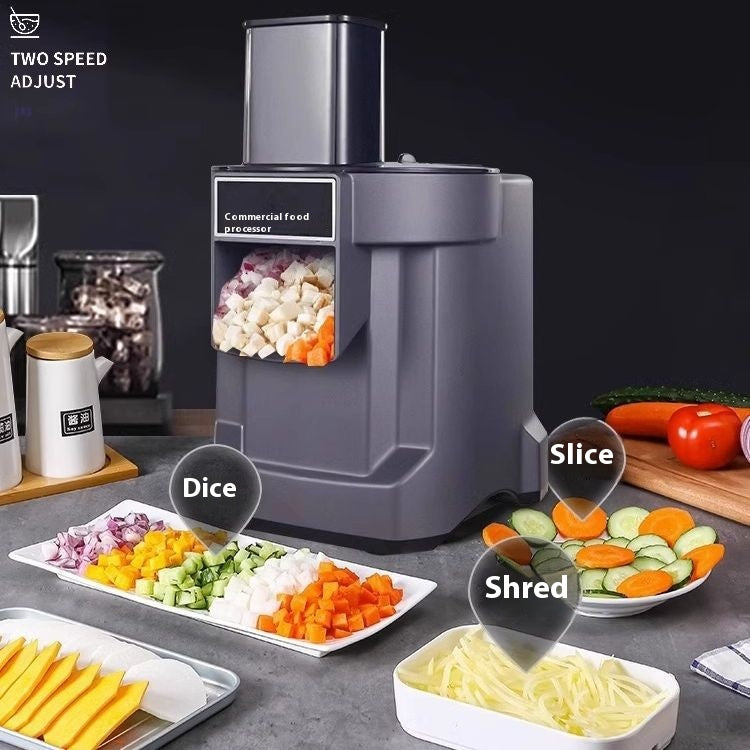 CJ commercial vegetable cutter with multiple dicing and slicing blades for efficient food prep, shown with vegetables ready for cutting.