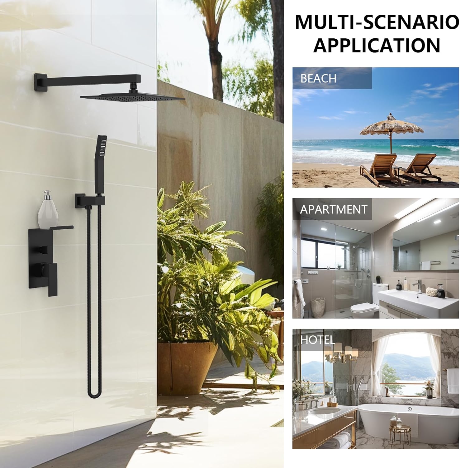 CJ rainwater shower system with storage rack, featuring a sleek chrome finish and multiple shower heads for a modern bathroom.