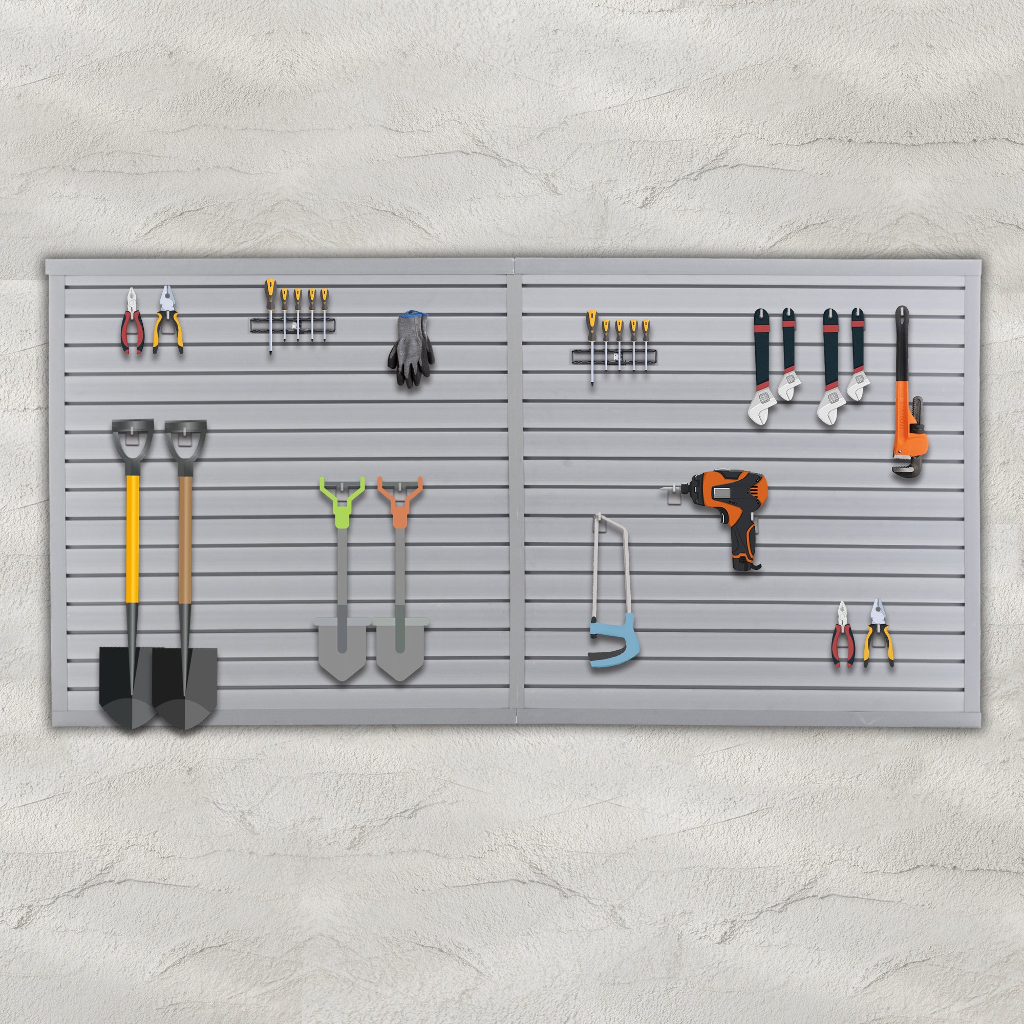 Heavy duty PVC slatwall garage organizer with 10 panels in charcoal grey, wall-mounted tool rack system for industrial-strength storage.