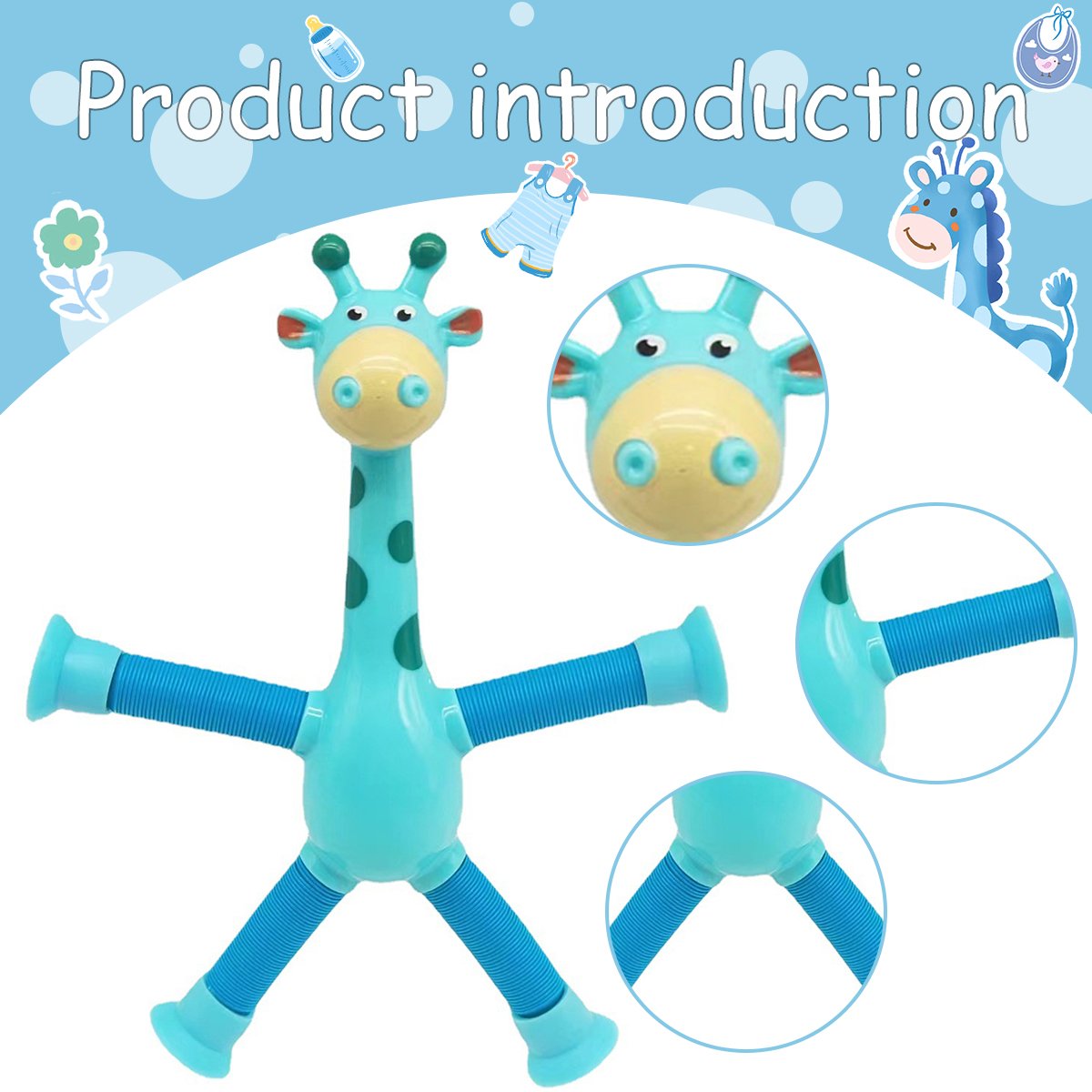 CJ giraffe shaped sensory tube fidget toy with spring and stretch features, ideal for stress relief and kids' birthday party favors.