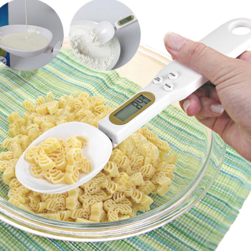 CJ LCD digital kitchen scale with electronic food weight measuring spoon for grams, coffee, tea, and sugar measurement.