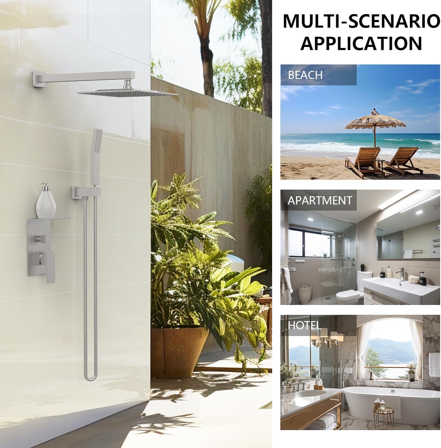 CJ rainwater shower system with storage rack, including shower head and accessories, mounted on a sleek bathroom wall.
