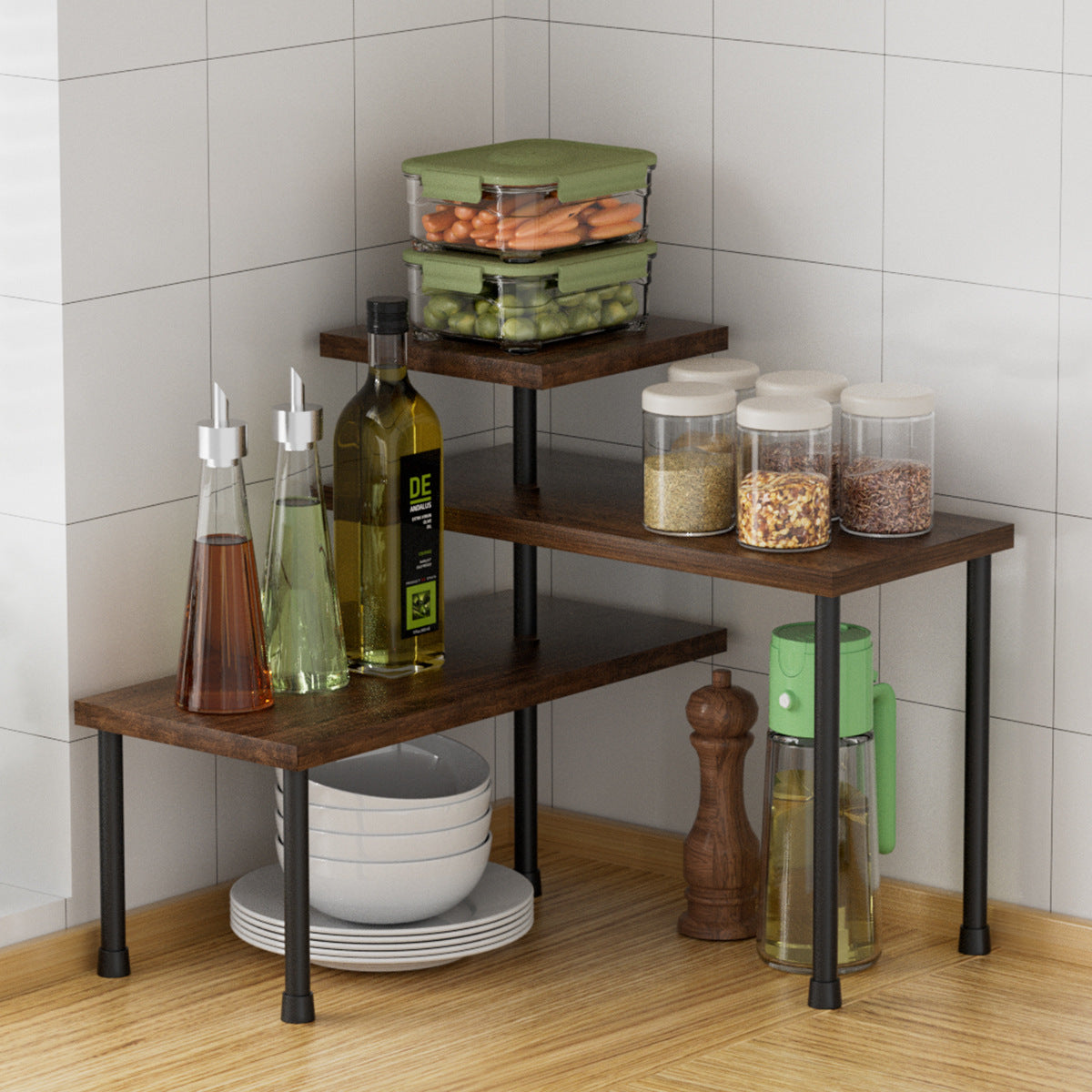 Wooden multi-layer kitchen spice storage rack by CJ, showing multiple tiers for organizing spice jars on a kitchen shelf.