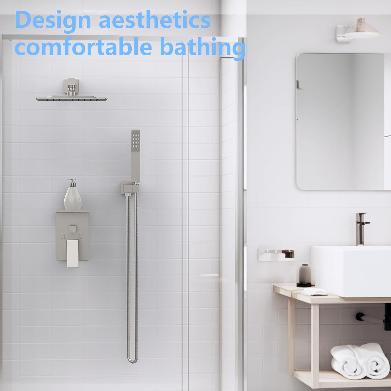 CJ rainwater shower system with storage rack, modern outdoor shower unit with sleek design and built-in storage for accessories.