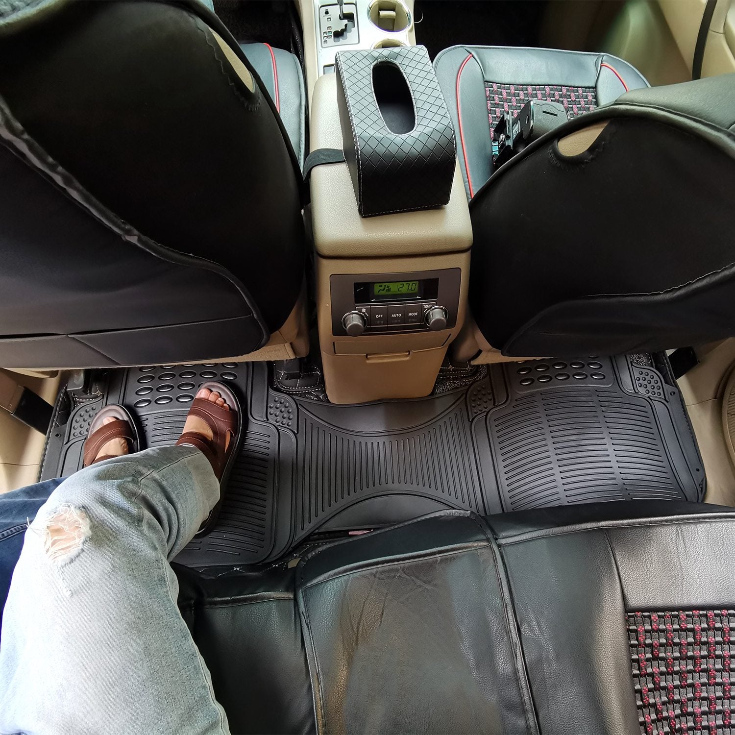 Set of 3 PVC rubber automotive floor mats by CJ, includes front and rear heavy-duty car mats with trimmable design for most vehicles