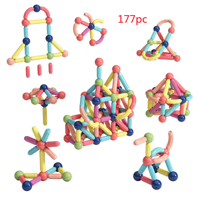 CJ magnetic rod children's building blocks toy with colorful assembled structures and magnetic connections for creative play.