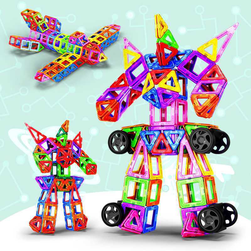Colorful magnetic building blocks for children by CJ, featuring geometric shapes for creative play and construction.