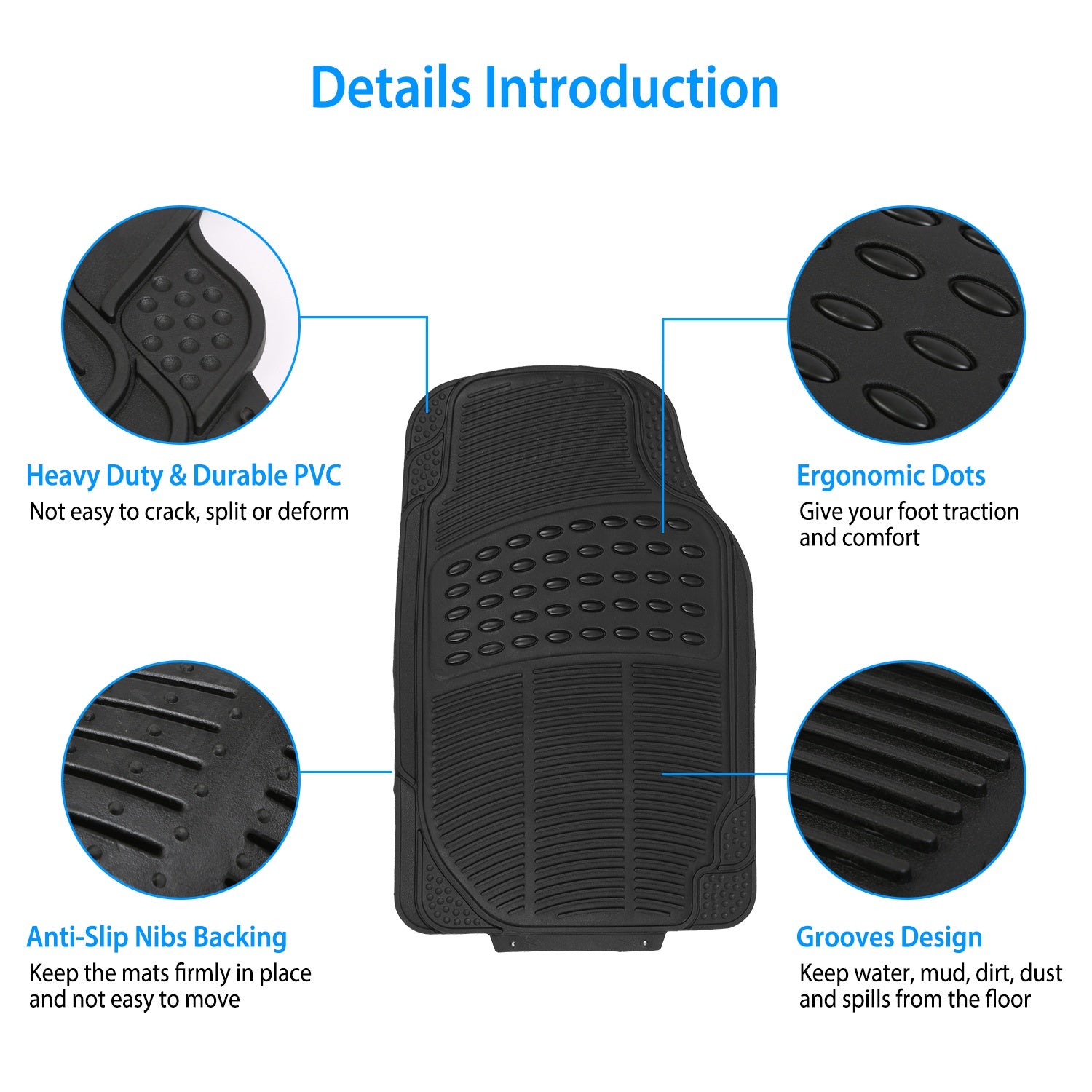 Set of three CJ automotive floor mats in black PVC rubber for front and rear, heavy-duty, trimmable for most cars, SUVs, and trucks.