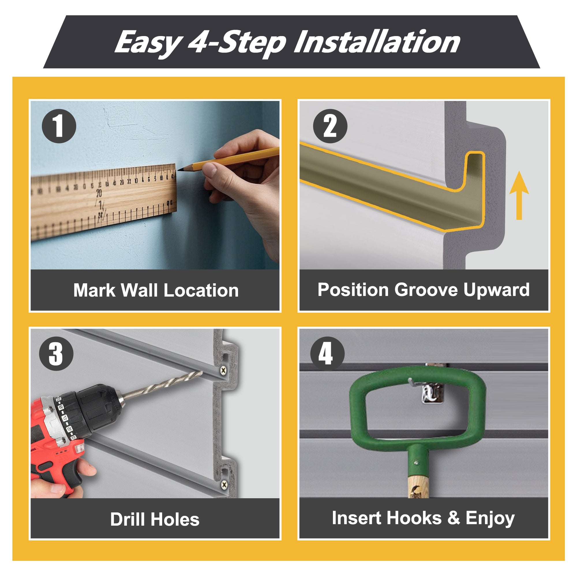 Heavy duty PVC slatwall garage organizer with 10 panels in charcoal grey, wall-mounted tool rack system for industrial storage.