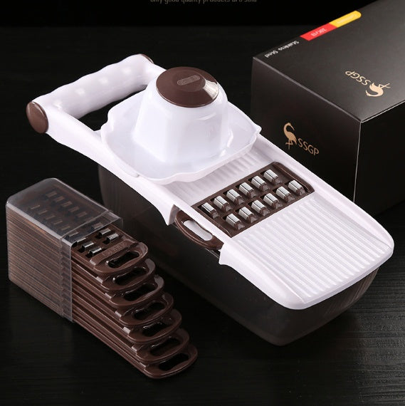 CJ multi-function chopper with stainless steel blades and white plastic body, suitable for chopping vegetables and herbs.