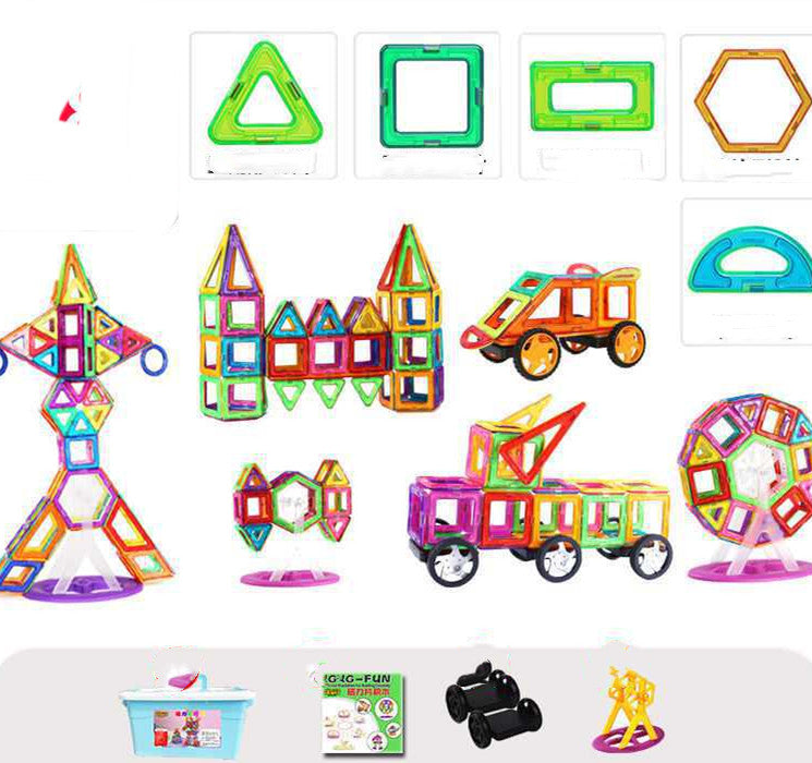 Colorful magnetic building blocks for children, featuring various shapes and sizes, designed for creative play by CJ.