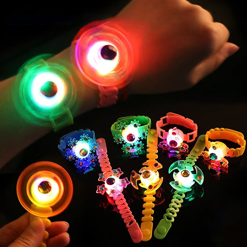 CJ luminous LED fidget spinner with glow-in-the-dark lights, featuring a bracelet design, used for stress relief and hand spinning.