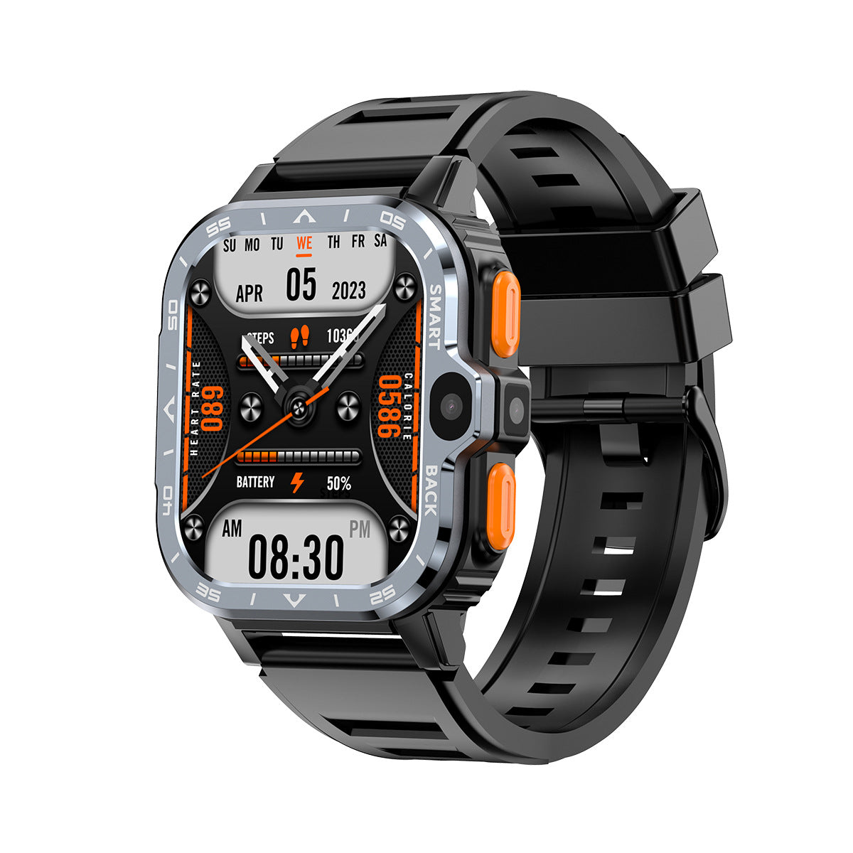 CJ student smart watch with Android, internet access, fitness tracking bracelet, black silicone band, digital display.