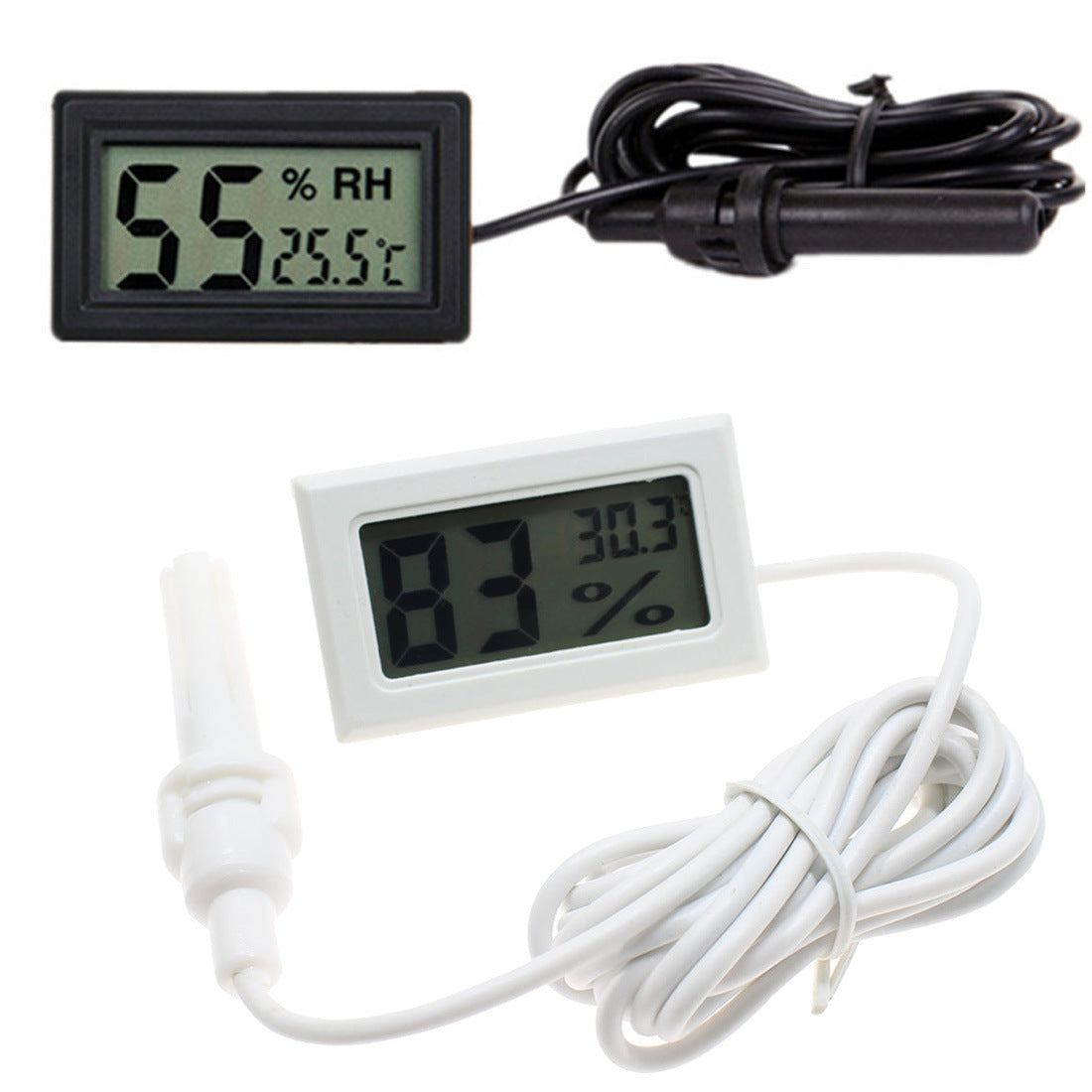 CJ embedded digital thermometer and hygrometer with probe showing temperature and humidity readings on a display screen.