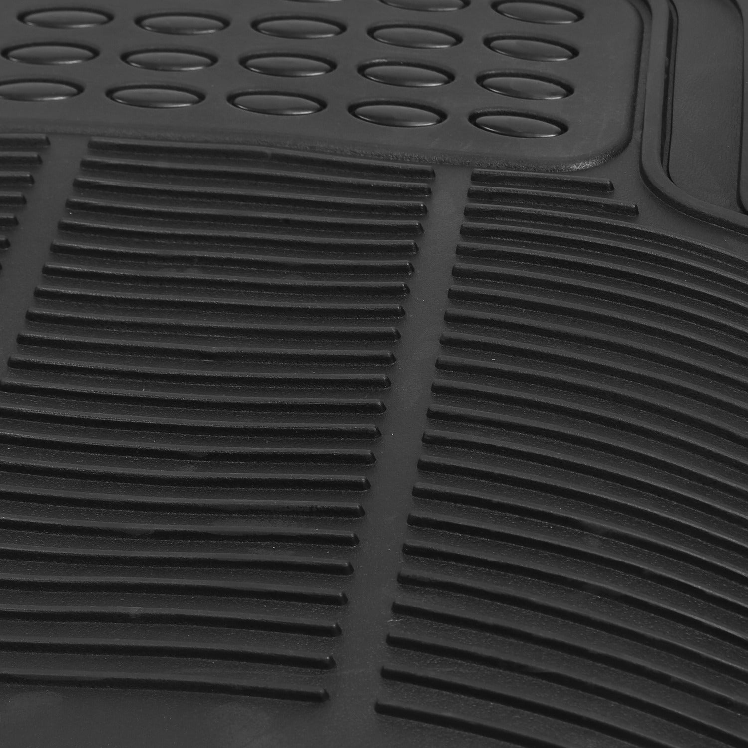 Set of 3 black PVC rubber automotive floor mats for front and rear, heavy-duty, trimmable design for cars, SUVs, and trucks.