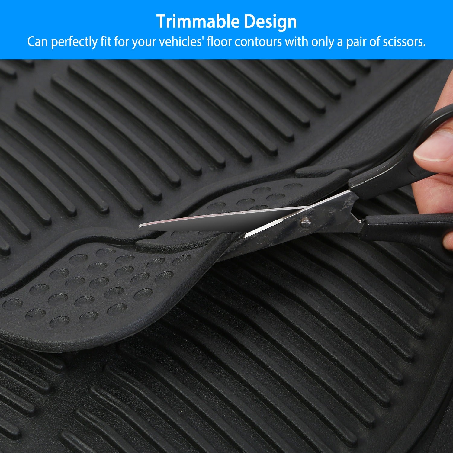 Set of 3 PVC rubber automotive floor mats for front and rear, heavy-duty, trimmable design, fits most cars, SUVs, and trucks.