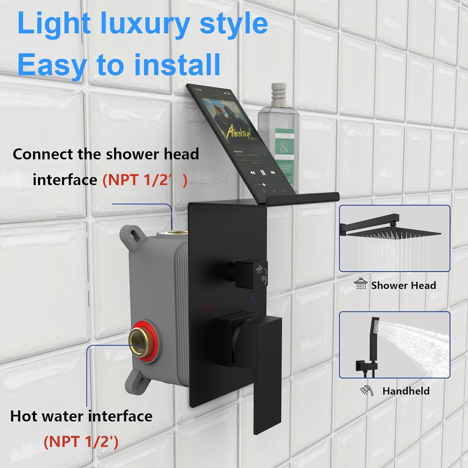 CJ rainwater shower system with storage rack, featuring a sleek design and durable materials, ideal for modern bathrooms.
