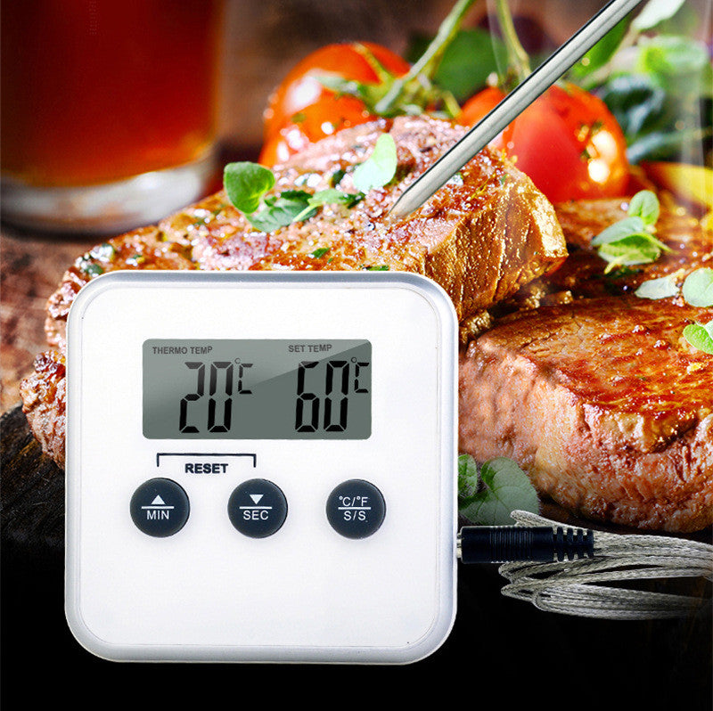 CJ BBQ meat kitchen baking probe thermometer showing a digital display and stainless steel probe for accurate temperature reading